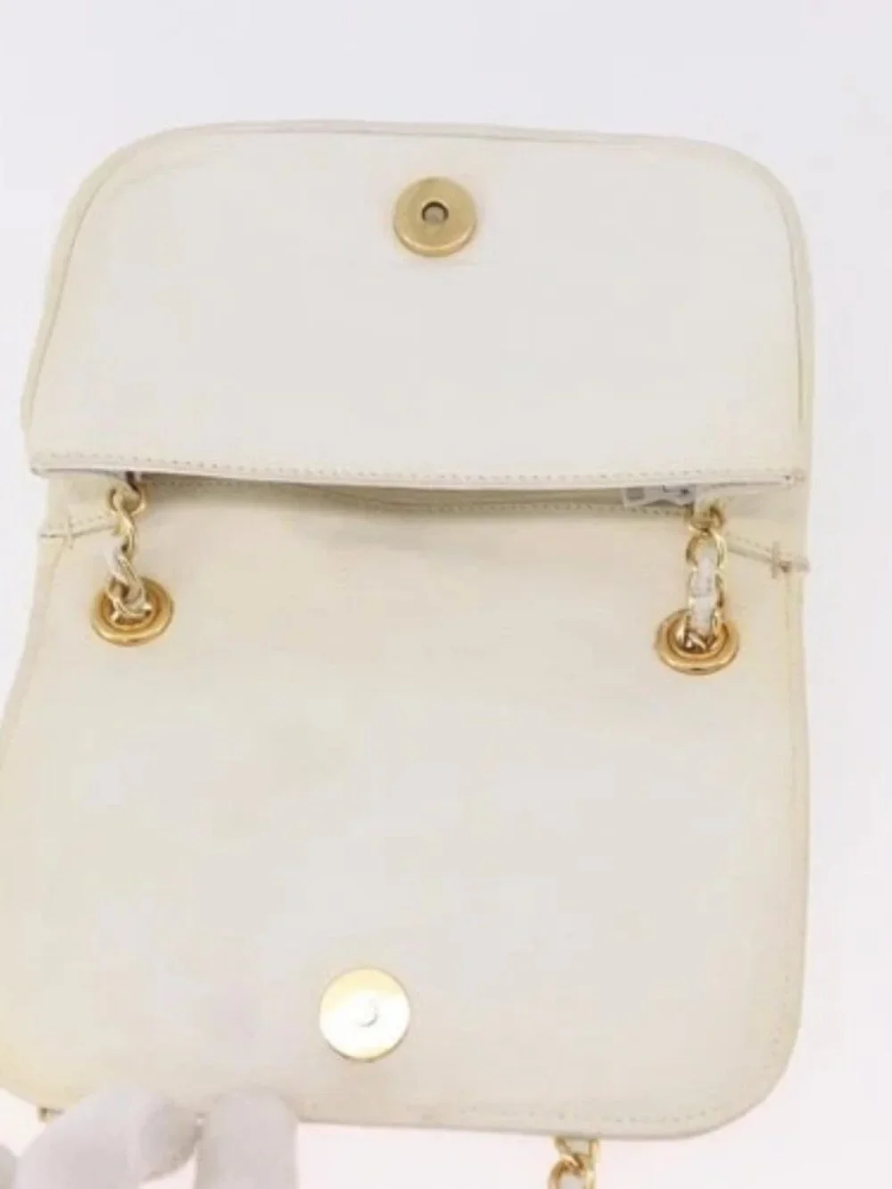 CHANEL Chain Shoulder Bag Lamb Skin White Gold CC Auth 186589A